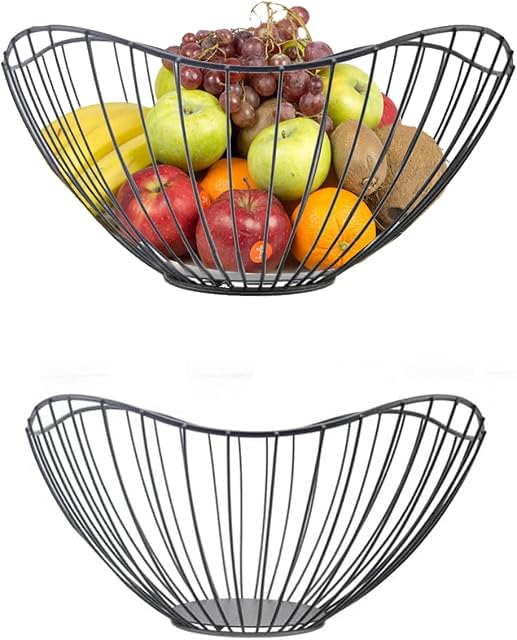 HAKZEON 2 Pcs Metal Wave Fruit Bowls, Black Wire Fruit Basket, Modern Iron Fruit Holder for Fruit Vegetable Snack Storage