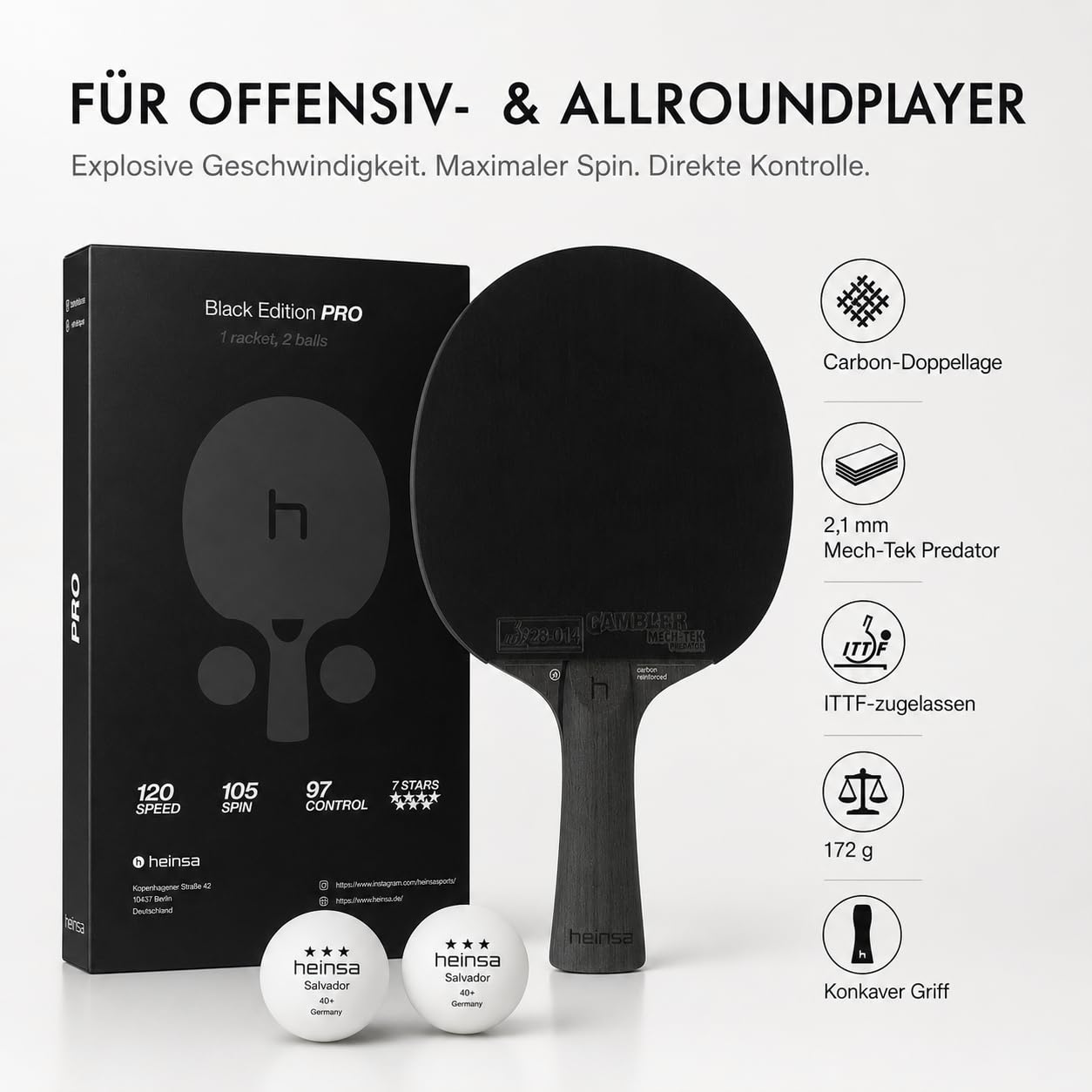 Black Edition Pro – Carbon Tischtennisschläger mit Mech-Tek Predator Belag (2,1 mm), ITTF-zugelassen – Spin, Speed & Kontrolle