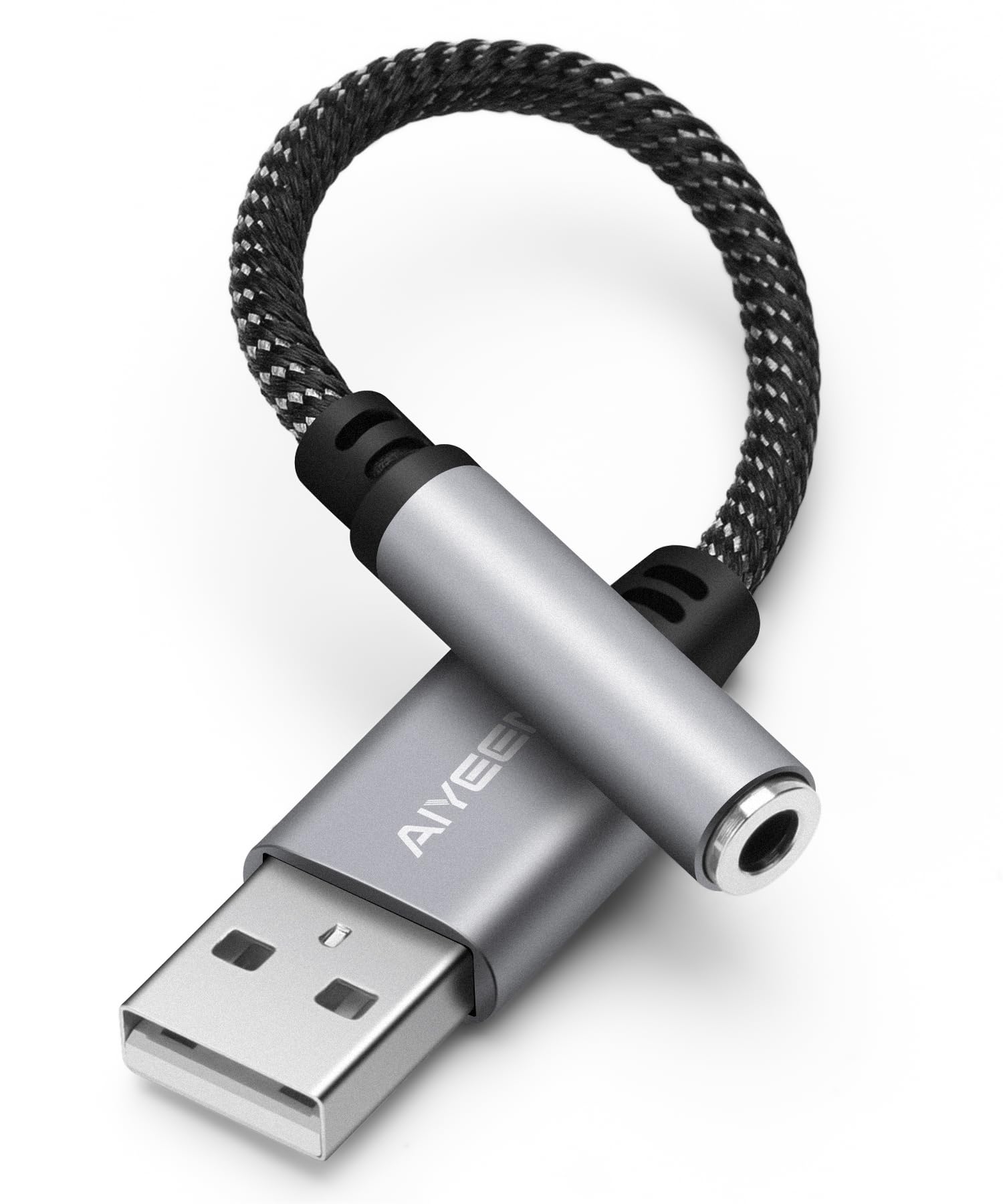 Cavo adattatore audio da USB a femmina da 3,5 mm, convertitore stereo da USB maschio a jack AUX intrecciato in nylon da 15 cm con chip ad alta risoluzione, per cuffie, AUX per auto (grigio)