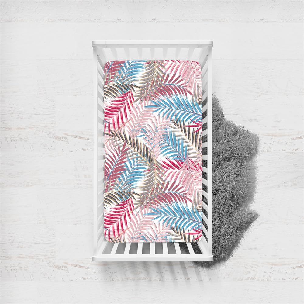 Odot Cot Bed Fitted Sheets, Toddler & Baby Bed Sheets, Tropical Palm Leaf Print Microfiber Mattress Protector Cozy Lightweight Bedside Cribs Bassinet Sheets for Boys Girls (Pink,70x140cm)