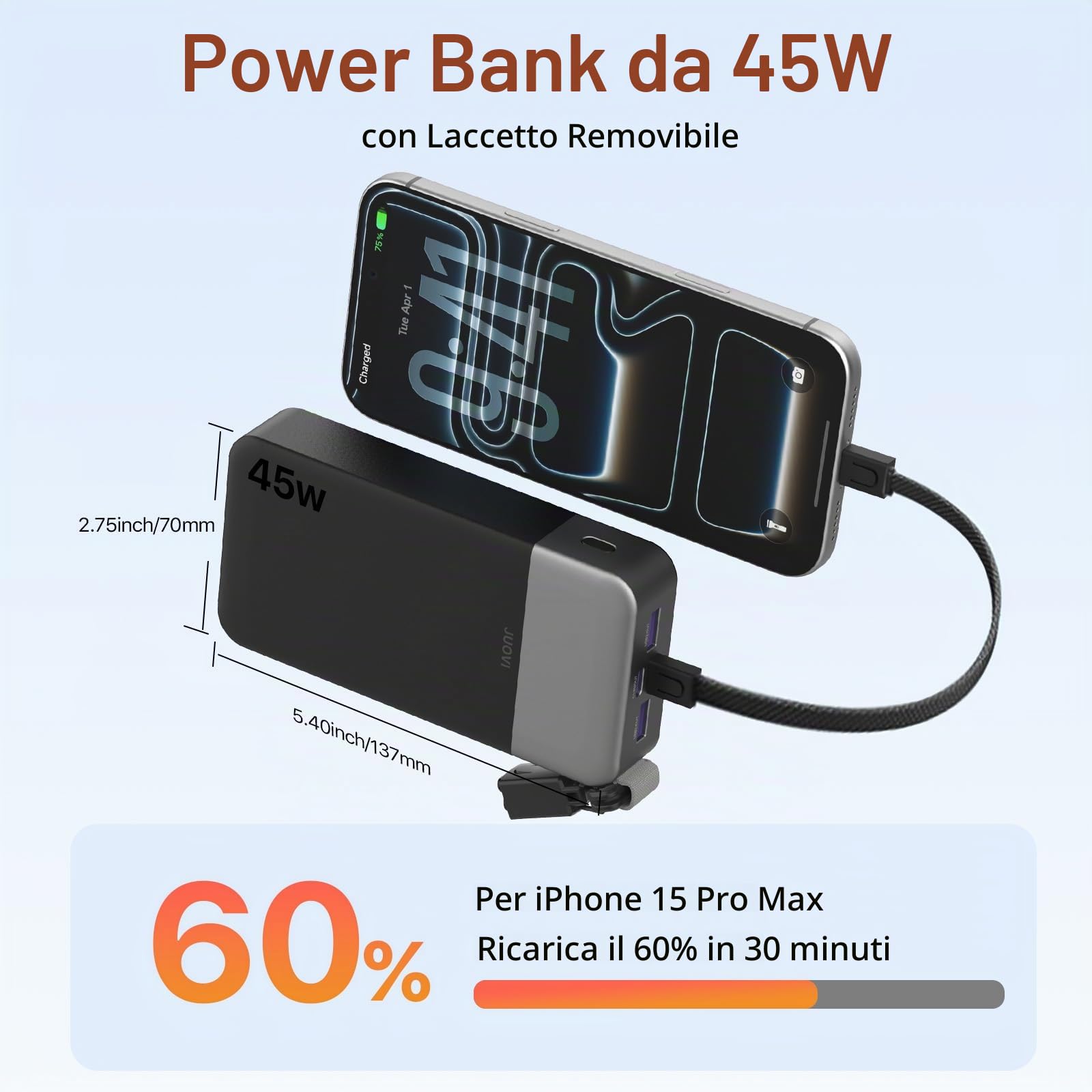 JUOVI Power Bank 20000mAh Ricarica Rapida Caricatore Portatile 45W con Cavo | 4 Porte (2USB C PD & 2USB A QC) USB Display LED Batteria Esterna per iPad Tablet Switch iPhone Samsung