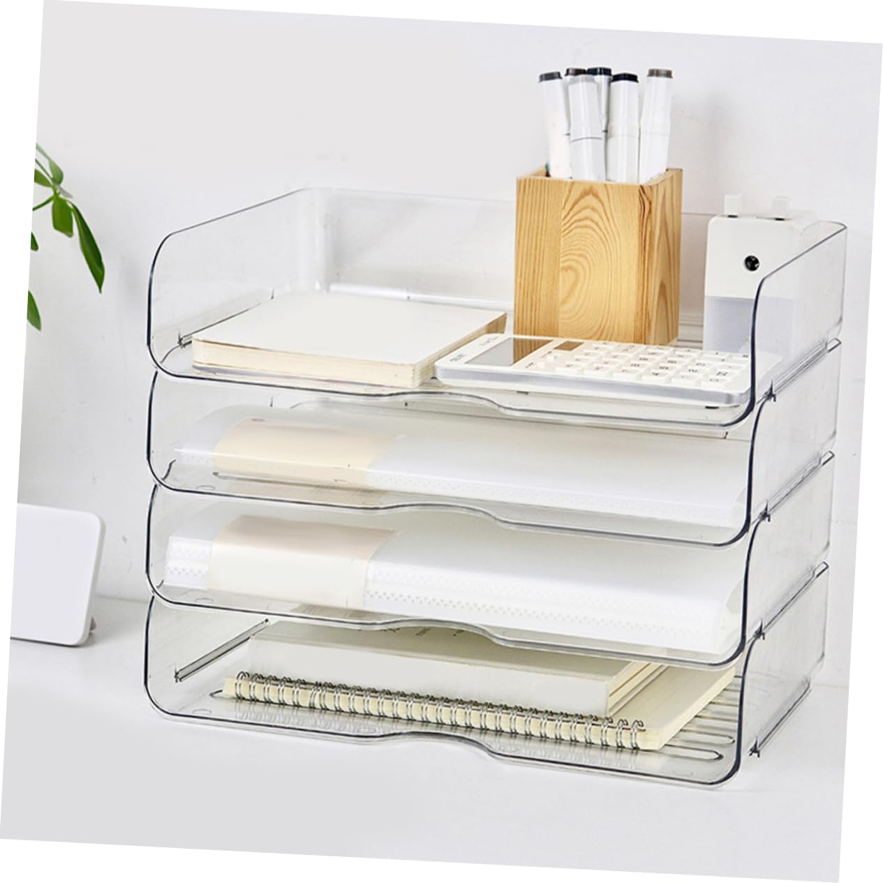 HOMSFOU Bandeja Organizadora de Papel de Escritorio Apilable 4 Uds Pet | Organizador de Papeleo para Oficina y Hogar, Diseño Elegante, Uso del Espacio