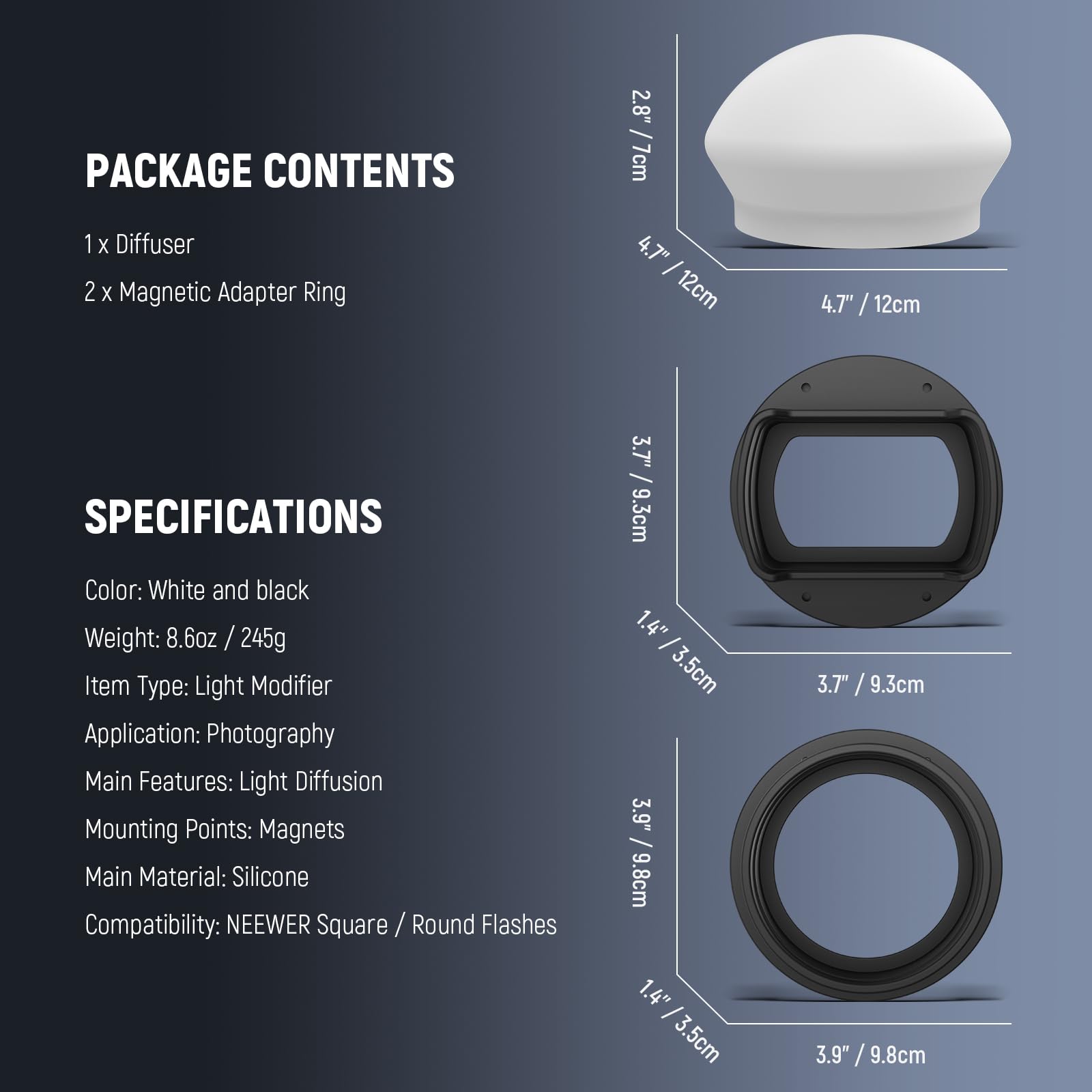 NEEWER Silikonowy dyfuzor błyskowy z dwoma magnetycznymi pierścieniami adapterowymi, modyfikator światła Softbox do NEEWER NW620 NW700 NW760 Z880 Z760 Głowica kwadratowa i Z1 Z2 okrągła głowica