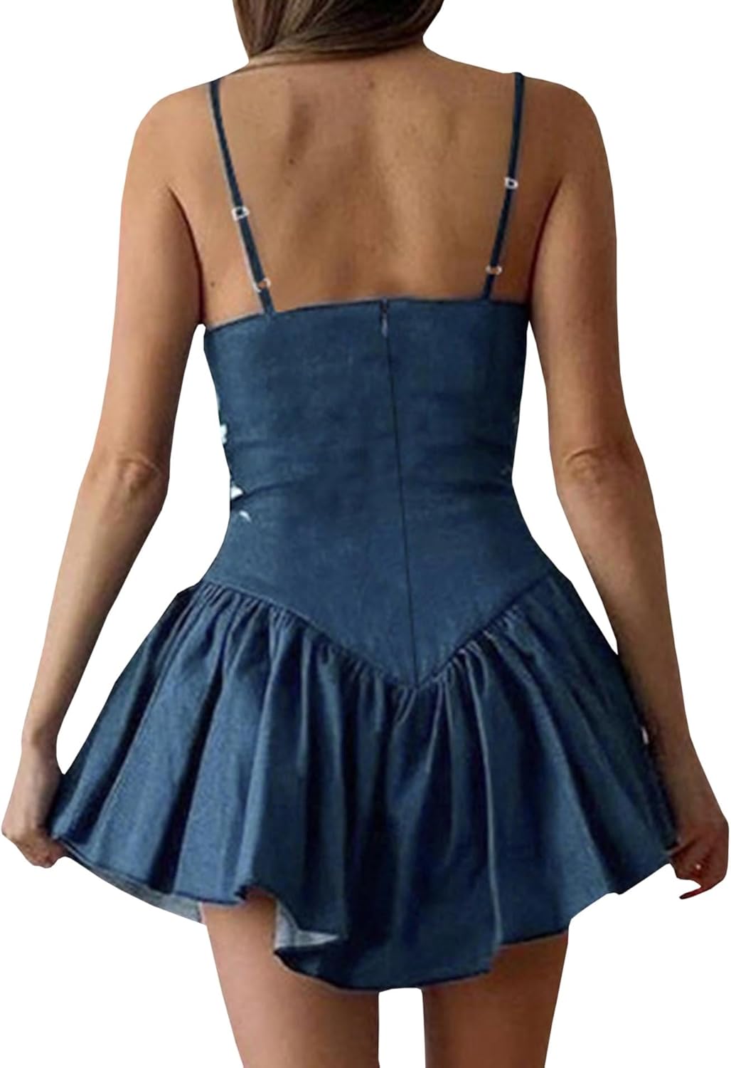 Sexyshine Women's Spaghetti Strap Tube Top Flared Denim Mini Dress A-Line Backless Ruffle Hem Pleated Skater Jeans Dresses - Image 2