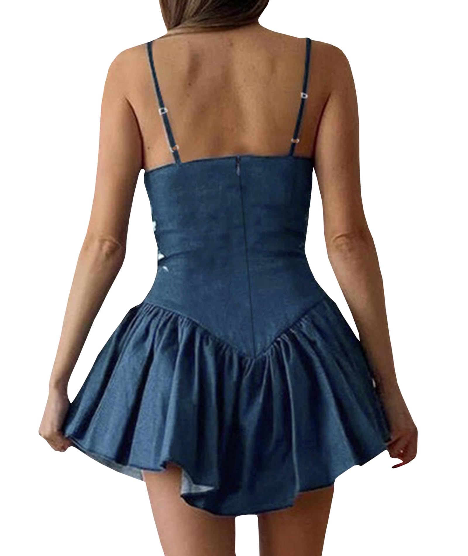 xxxiticat Mini abito da donna in denim, senza maniche, scollo quadrato, a vita alta, sexy, Y2K