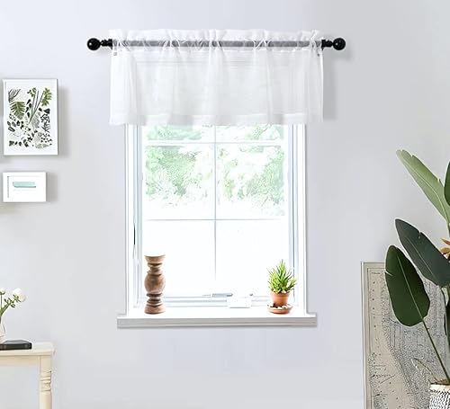 PI Cenefa blanca para ventanas, cortinas pequeñas de media ventana para nivel de cocinacafeteríabañosótanogranja con bolsillo para cortinero, 18