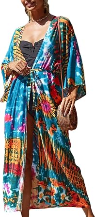 Women Long Beach Kimono Curve Hem Loose Open Front Tie Dye Bathing Suit Cover up