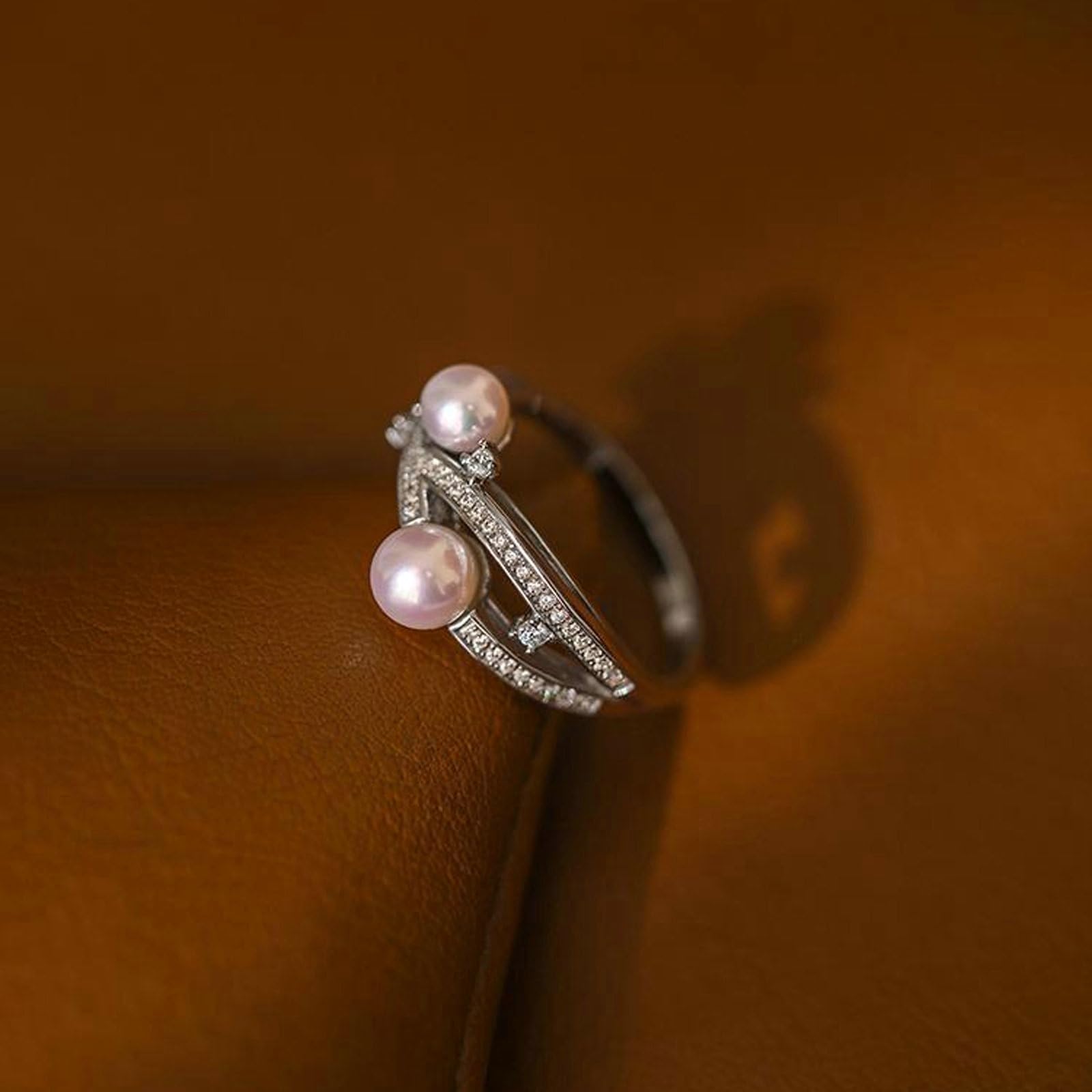 Anillo de perlas para mujer, elegante oro real, anillo de boda de oro blanco con perlas, anillos de compromiso para mujeres