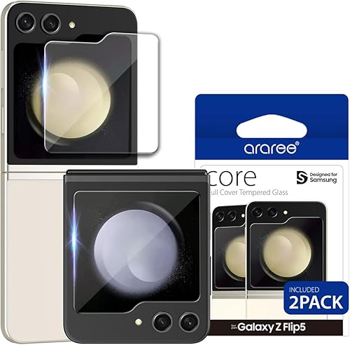 araree [Paquete de 2] Protector de pantalla frontal de vidrio templado para Galaxy Z Flip 5, estructura ultrafina de 4 capas, resistente a los