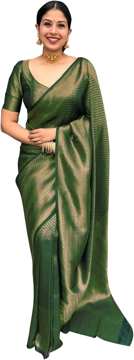 Women's Kanjivaram Soft Lichi Silk Banarasi Sarees With Blouse Piece