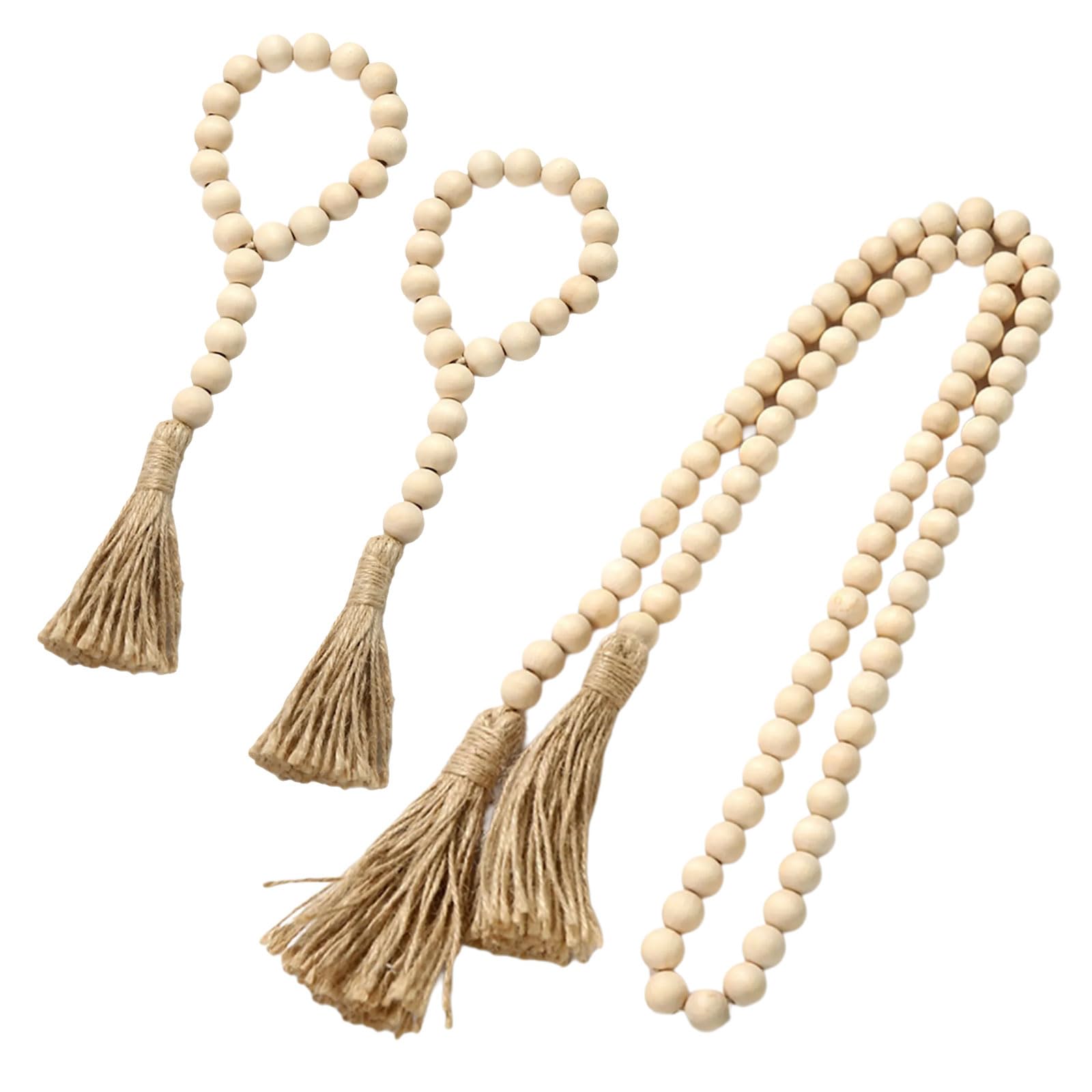 Jazuaiao 3Pieces Set Wood Beads Garlands with Tassels Country Decors Farmhouses Prayer Beads Wall Hanging Decoration Ornaments Wood Garlands