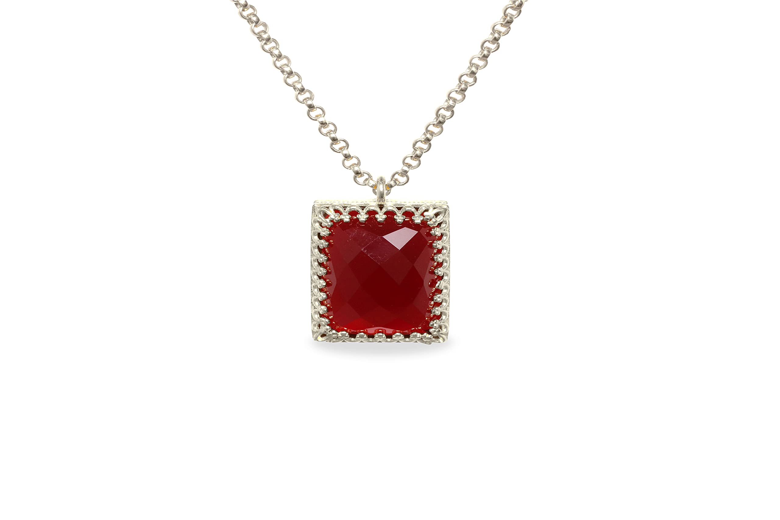 Radiosa Collana in Pietra Gemma di Granato - Elegante Rosso, Collana con Ciondolo di Taglio Quadrato - Bene Inciso Gennaio Pietra di Compleanno Collana per Donne - Chic Gioielli di Fascino alla Moda
