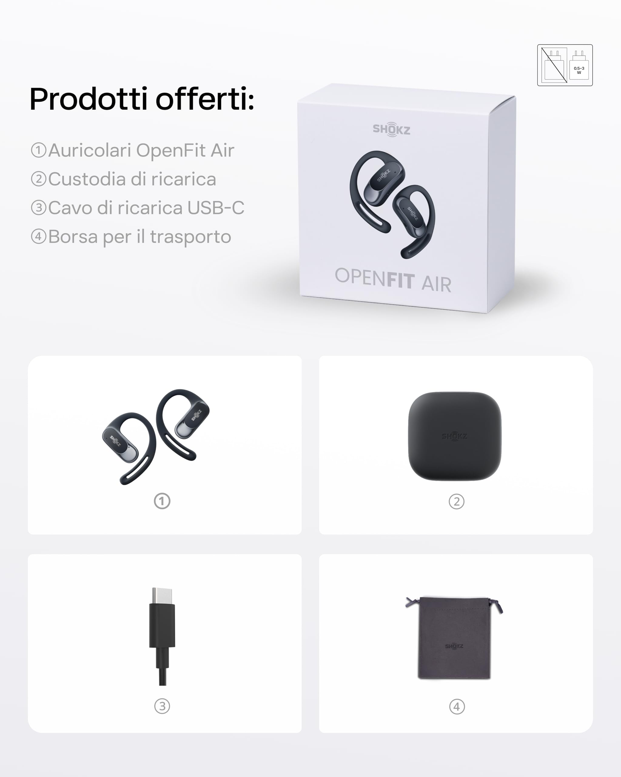 SHOKZ Cuffie Open-Ear OpenFit Air, auricolari Bluetooth wireless con microfono, con gancio auricolare Air, ricarica rapida, 28 ore di riproduzione, resistenza all'acqua IP54 per l'allenamento, Nero