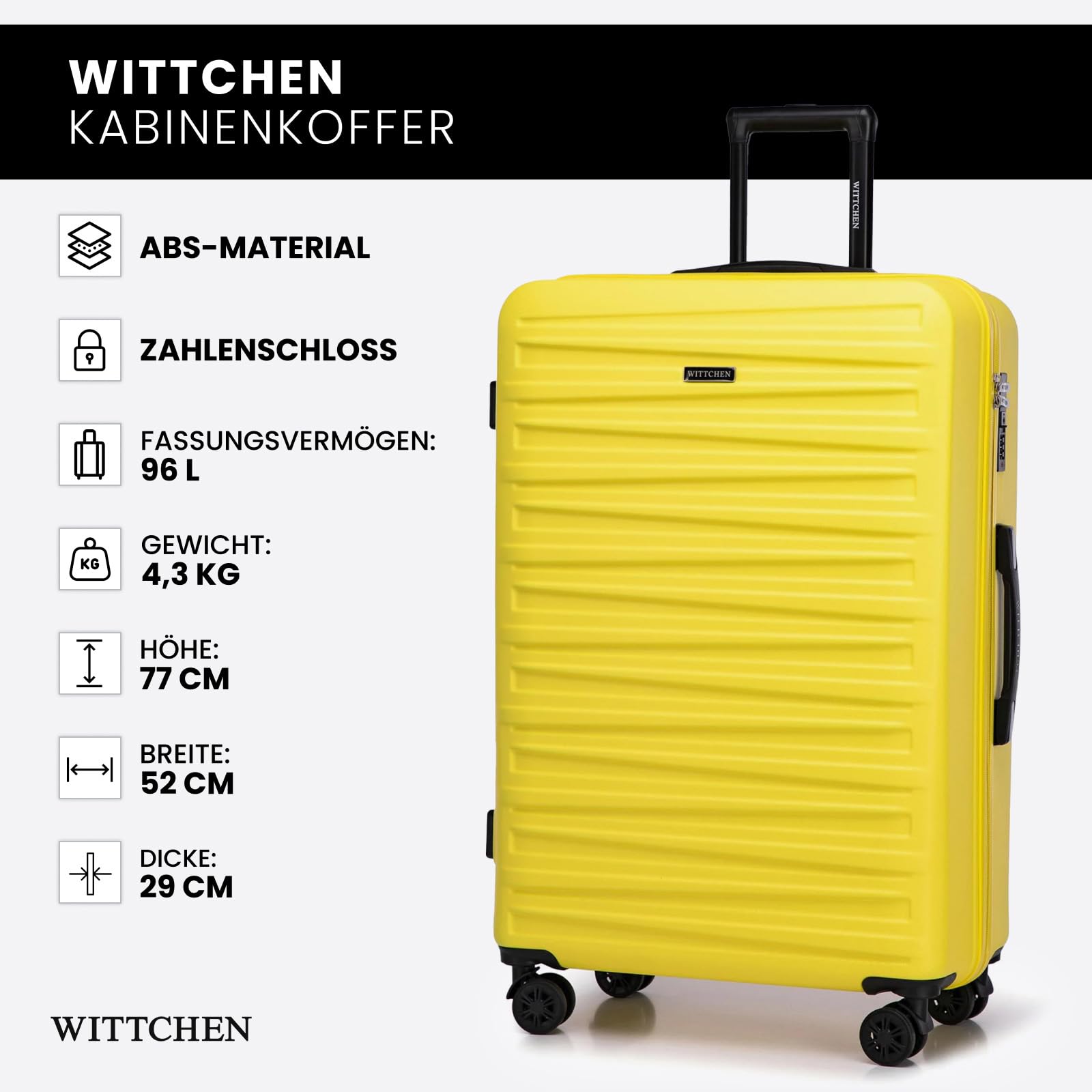 WITTCHEN Skyspeed Line Hartschalenkoffer ABS Groß Rollkoffer Trolley Check-In Gepäck Kombinationsschloss Teleskopgriff 4 Rollen Gelb