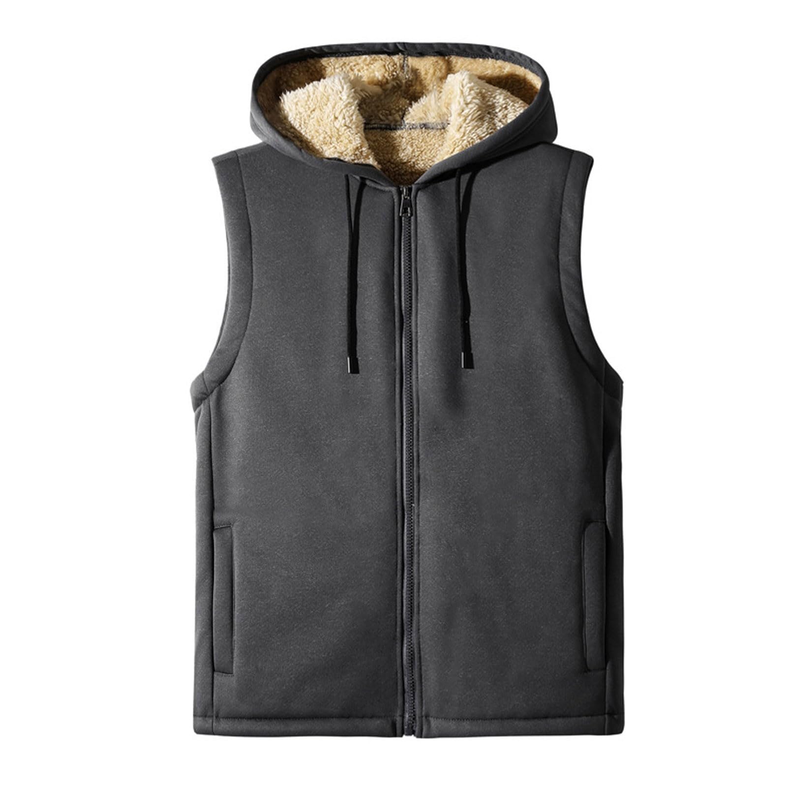 CocilaVests for Men Outdoor Soft Warm Jacket Zipper Hooded Lamb Velvet Jacket With Pockets Sleeveless Coat Faux Leather Jacket Mens Formal Coats Men Uk Winter Jacket Men Uk