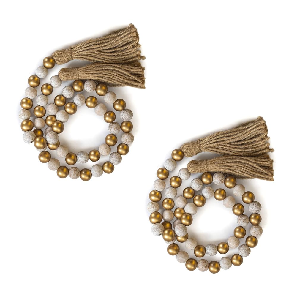 Mioyoow Old White+Gold 2Pcs Wooden Beads String, Farmhouse Wooden Beads Decorative Beads Garland With Tassels For Boho Home Decor Wall Hanging Decoration
