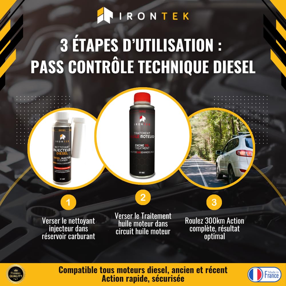 Aditivo Pasar ITV Diésel - IRONTEK - 2x300ml | IT205 | Limpiador Inyectores | Tratamiento Aceite Motor | Reduce Emisiones | Acción 300 km