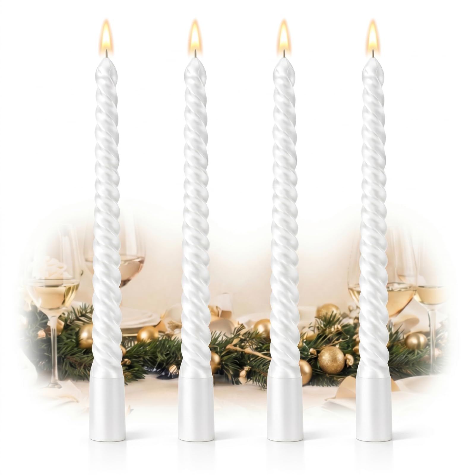 European-Style Taper Candles with Gold Card Threaded Design, Set of 4 - Long-Lasting 8-Hour Dripless Spiral Candles for Wedding, Christmas, Dinner Table, Party & Birthday