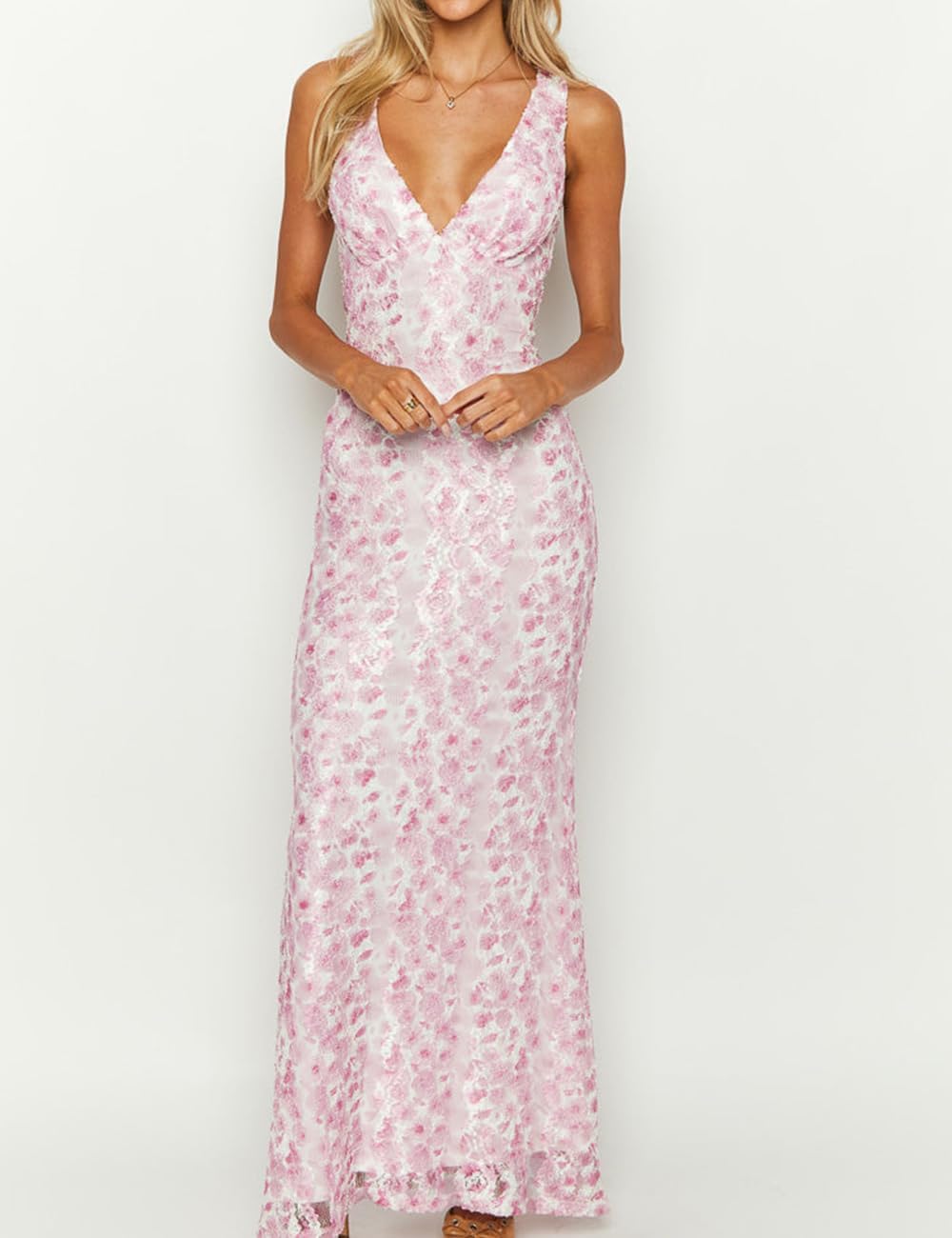 Elegant Lace Floral V Neck Backless Bodycon Dresses for Women Sexy Cut Out Low Back Sleeveless Maxi Dress Wedding Guest - Image 5