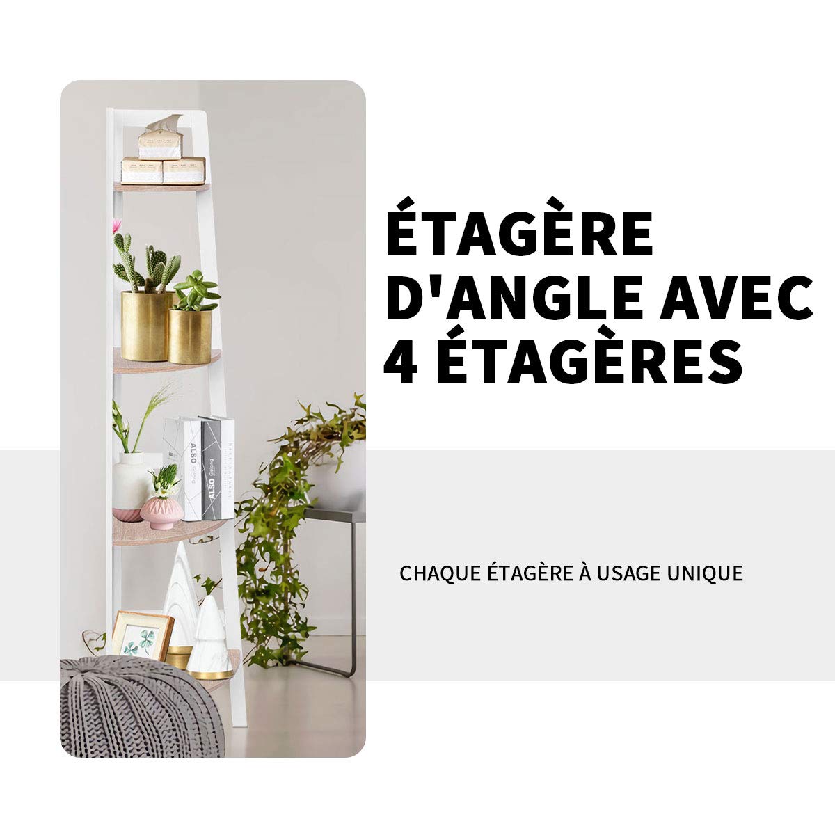 DREAMADE Etagère d’Angle, Bibliothèque d’Angle, Meuble d’Angle à 4 Niveaux en Bois avec Style Echelle pour Salon, Chambre, Salle de Bain, Bureau, Balcon 32 x 32 x 138CM Blanc