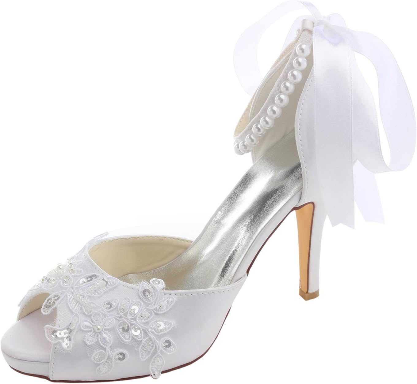 Emily Bridal 521-51A Women's Wedding Shoes Peep Toe 3.94 Inches Stiletto Heel Satin Pumps with Imitation Pearl Ribbon Tie Sequin Bridal Shoes (EU35/6 B(M) US, White)