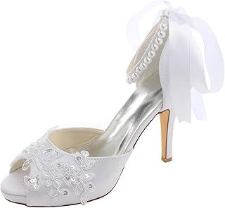 Zapatos de boda Peep alto talón marfil correa de tobillo perla lentejuelas zapatos nupciales con lazo de cinta