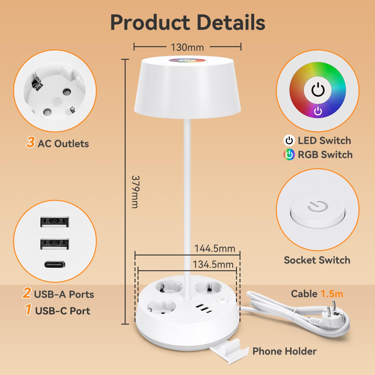 Aigostar 2 Stück Schreibtischlampe mit Stecker und Steckdosen, USB- und Typ-C-Ausgang, Touch-Tischlampe, 3 Farbtemperaturen + RGB, einstellbare Helligkeit (Weiß)