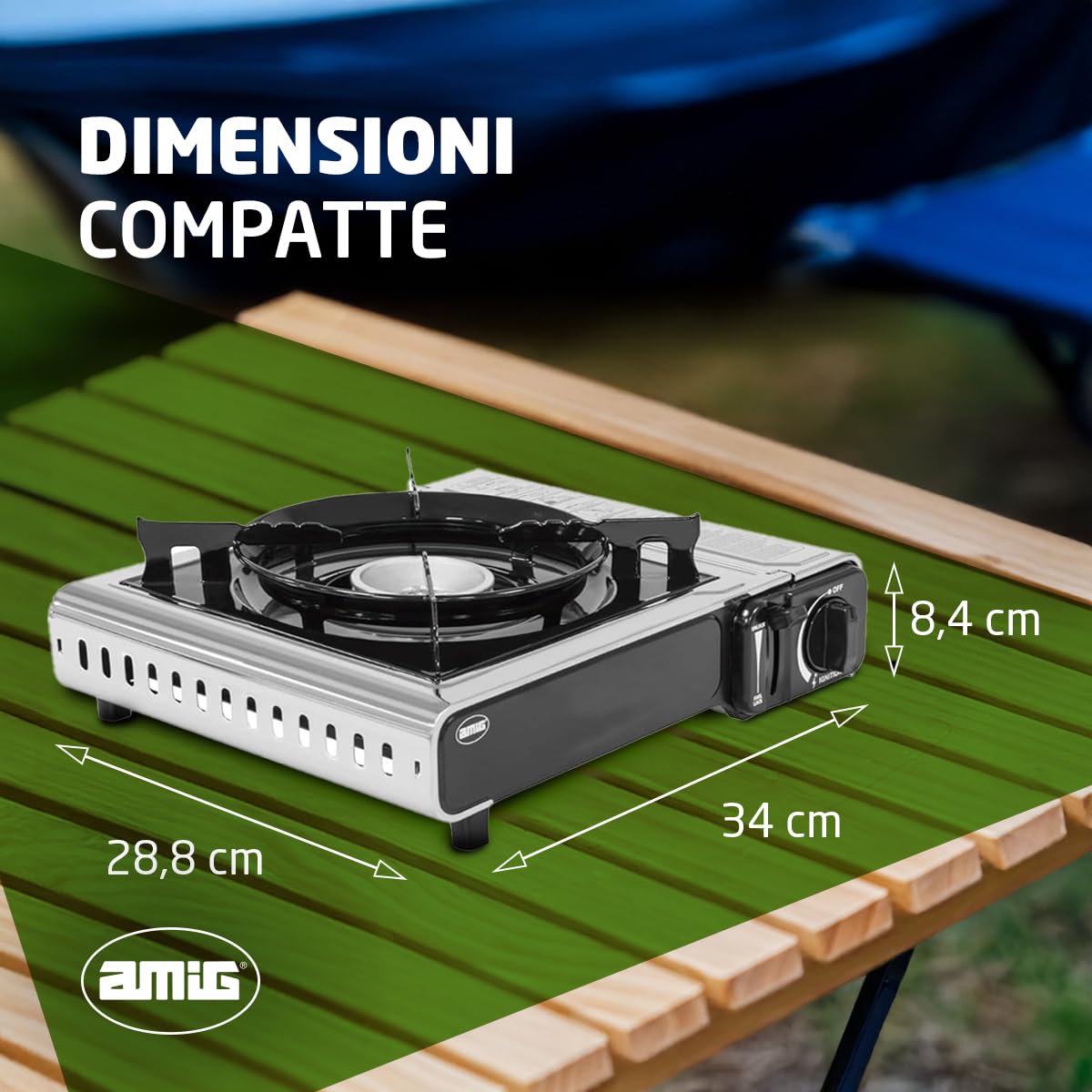 Amig - Fornello da campeggio a gas CAMP01 - Cucina portatile - 2,2 kW di potenza - Paravento e supporto per padella - Certificazione CE - Compatibile con cartucce CP-250 - Per campeggio ed escursioni