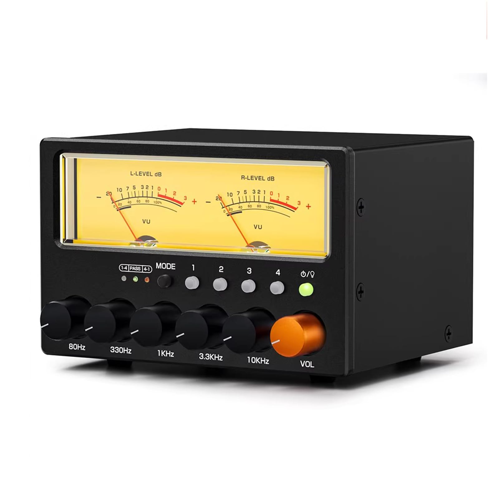 Interruttore audio a 4 vie con preamplificatore stereo HiFi EQ, splitter RCA, misuratore VU, amplificatore per cuffie, controllo del volume e ingresso AUX per Home Theater, studio o DJ