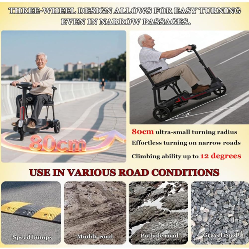 BCBKD Ligero (30 Libras) Scooter De Movilidad para Adultos Y Personas Mayores, Radio De Giro De 33 Pulgadas, Scooter De Movilidad Plegable De 3 Ruedas con Batería De Litio Doble