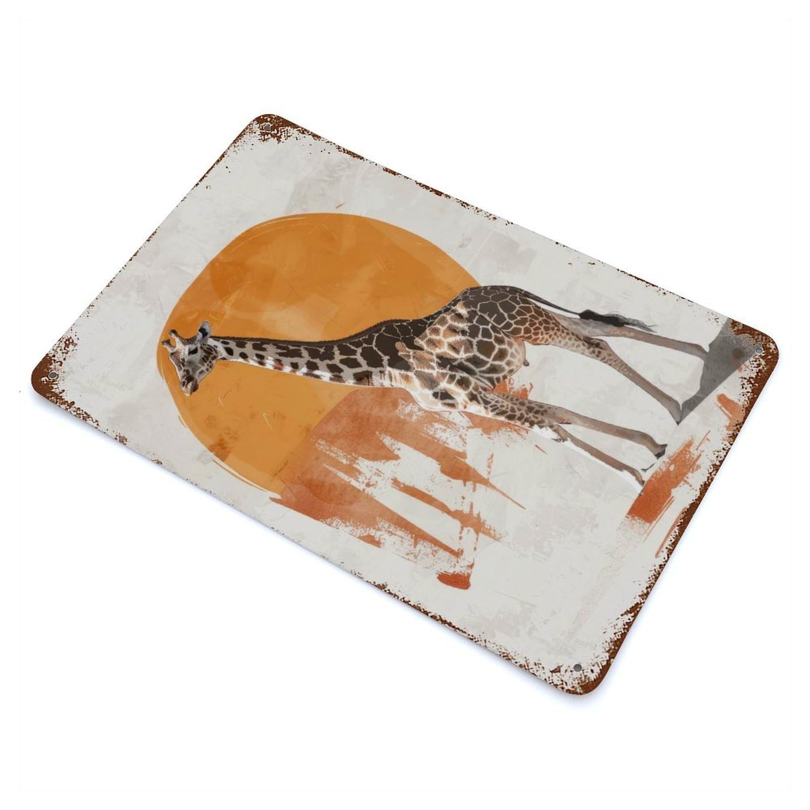 Distressed Metal Wall Sign Giraffe Sunset 11.8"x7.9", Vintage Wall Decor for Garage, Bar And Workshop Decor