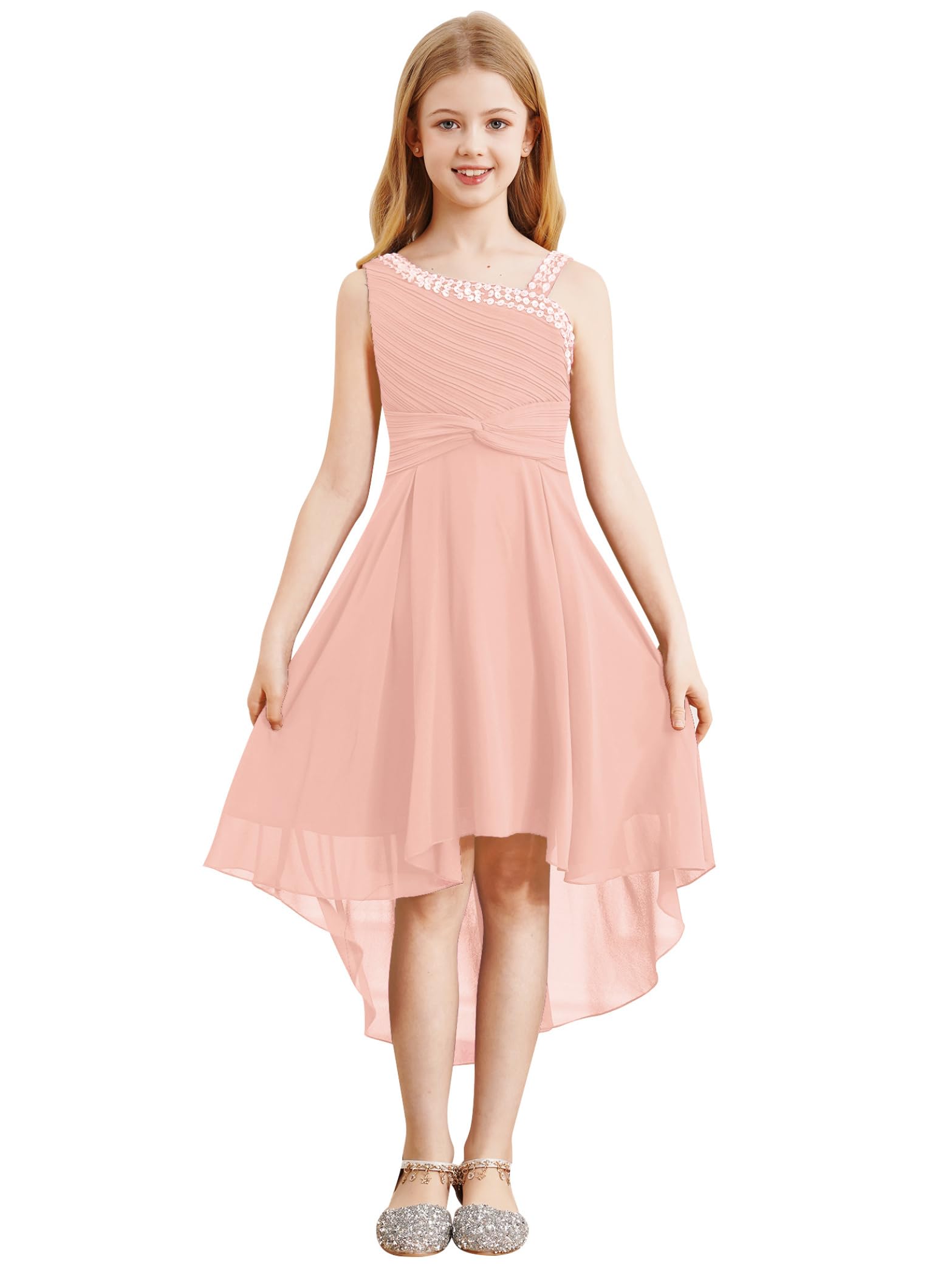 Hedmy Vestido Gasa de Elegante para Niña Vestido Asimétrico de Dama de Honor sin Manga con Lentejuelas Vestido de Graduación 5-16 Años