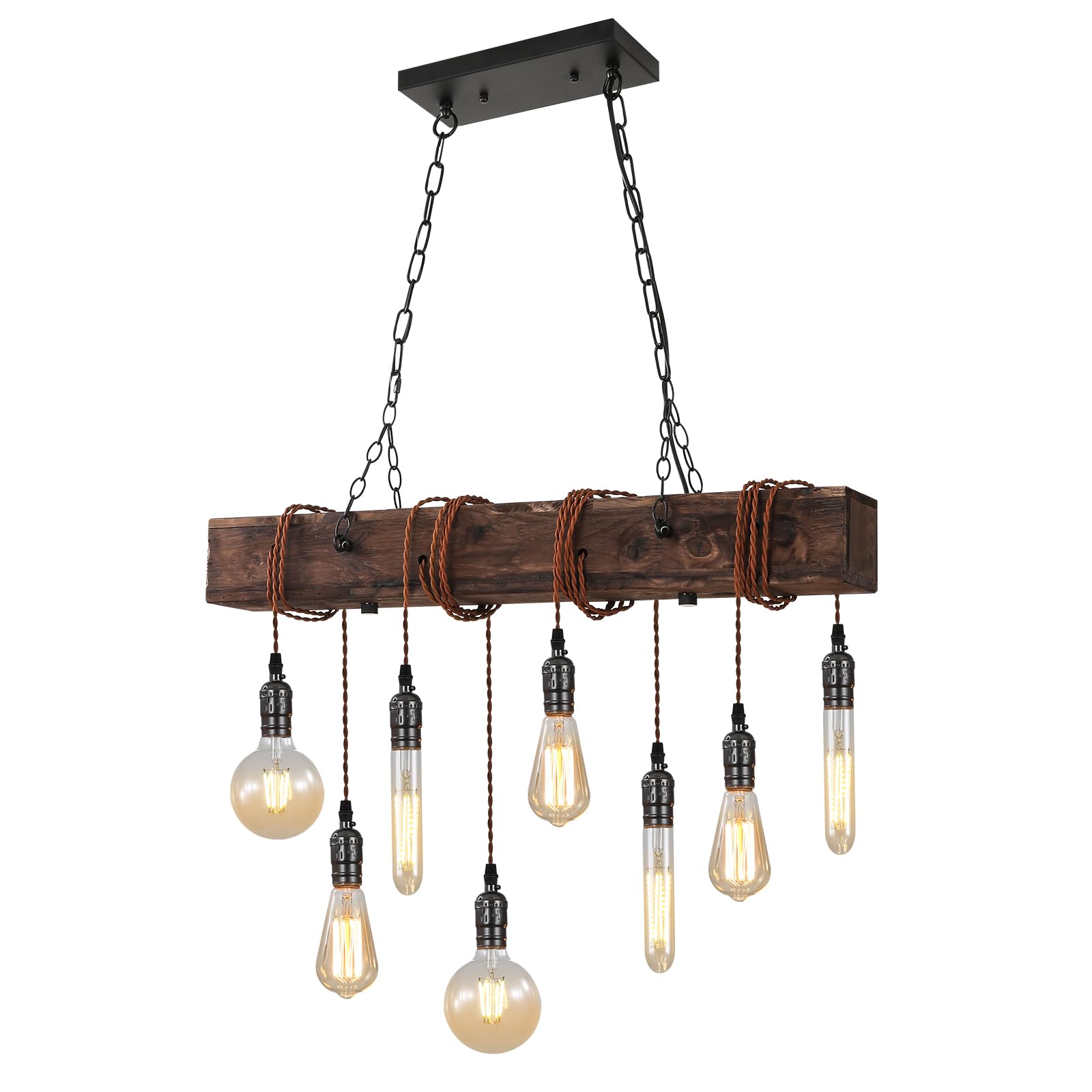 SEEBLEN 8-Lights Farmhouse Kitchen Island Pendant Light, Rustic Wood Chandeliers for Dining Room,Height Adjustable Pendant Light for Dining Room Bar Restaurant Cafe Pool Table.