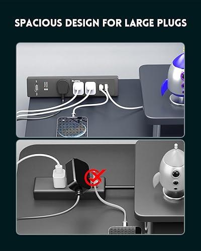 Miniatura 5 de PLUGTUL Regleta de alimentación con abrazadera de escritorio de 6 pies, estación de salida con 3 tomas, carga rápida PD de 20 W, enchufe plano,