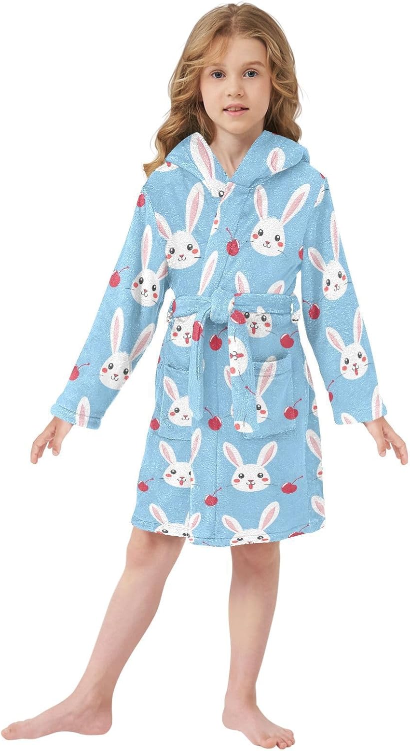 senya Rabbit Cherry Toddler Hooded Bathrobe Kids Soft Plush Bath Towel Robes for Boys Girls 2-12 Years