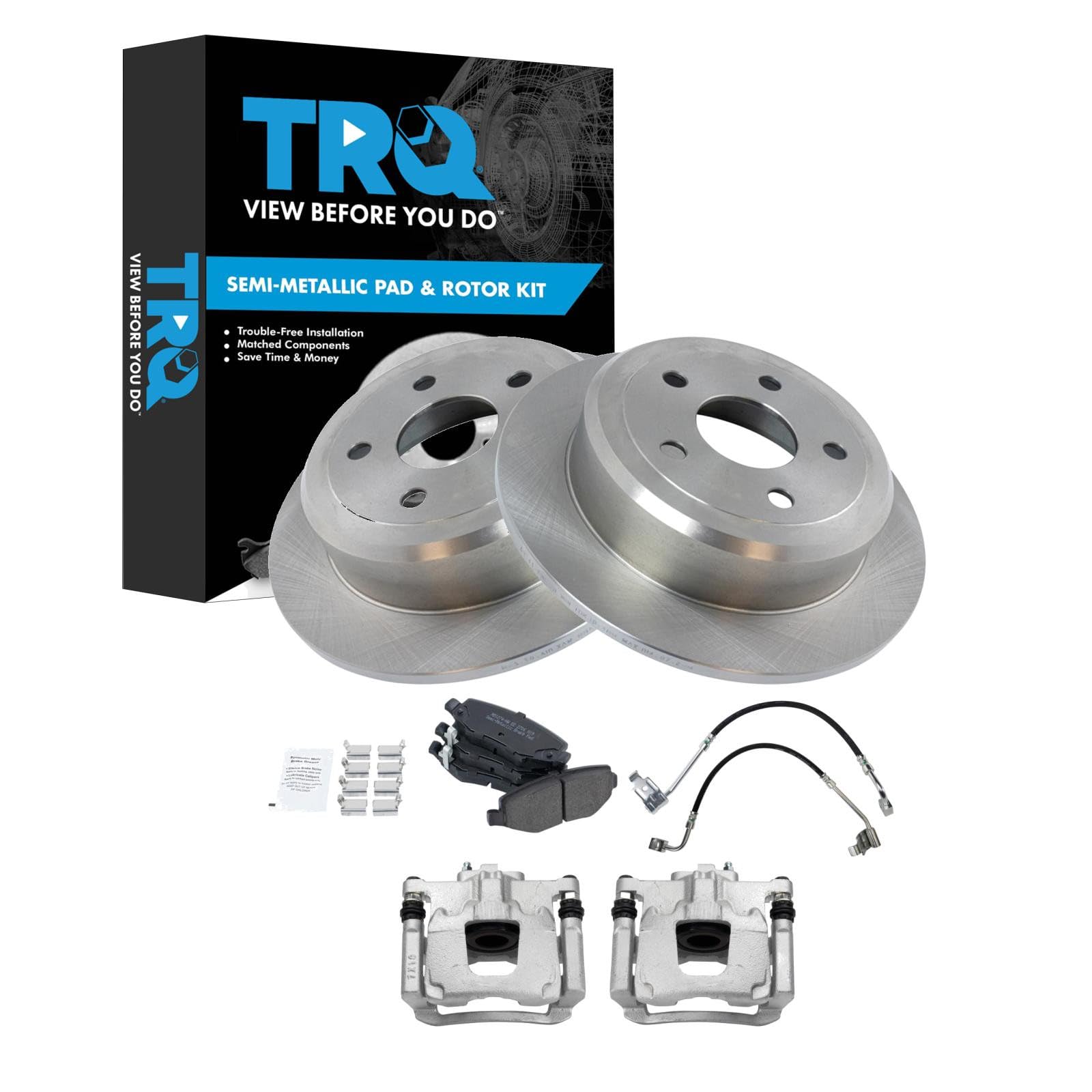 TRQ Rear Brake Pad &amp; Rotor Kit Semi-Metallic Compatible with 2013-2017 Jeep Wrangler 2018 Wrangler JK