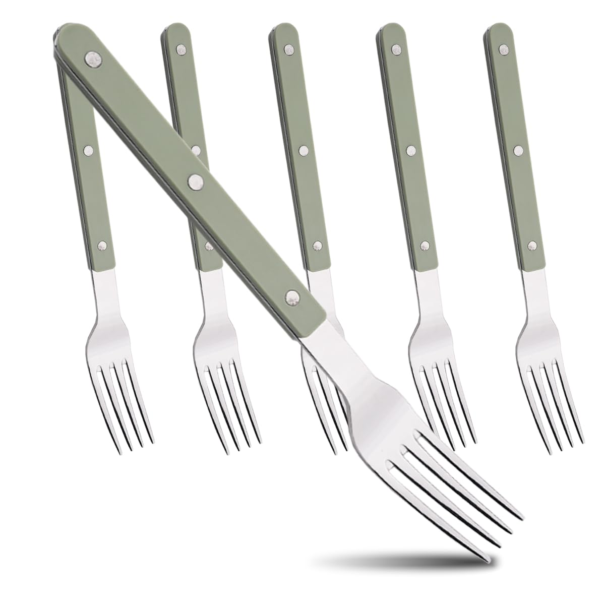 BRIIEC 6 Pieces Stainless Steel Table Forks Set Durable Dinner Fork Set, Green Acrylic Handle Silverware Set Retro Rivet Design, Mirror Polished, Dishwasher Safe