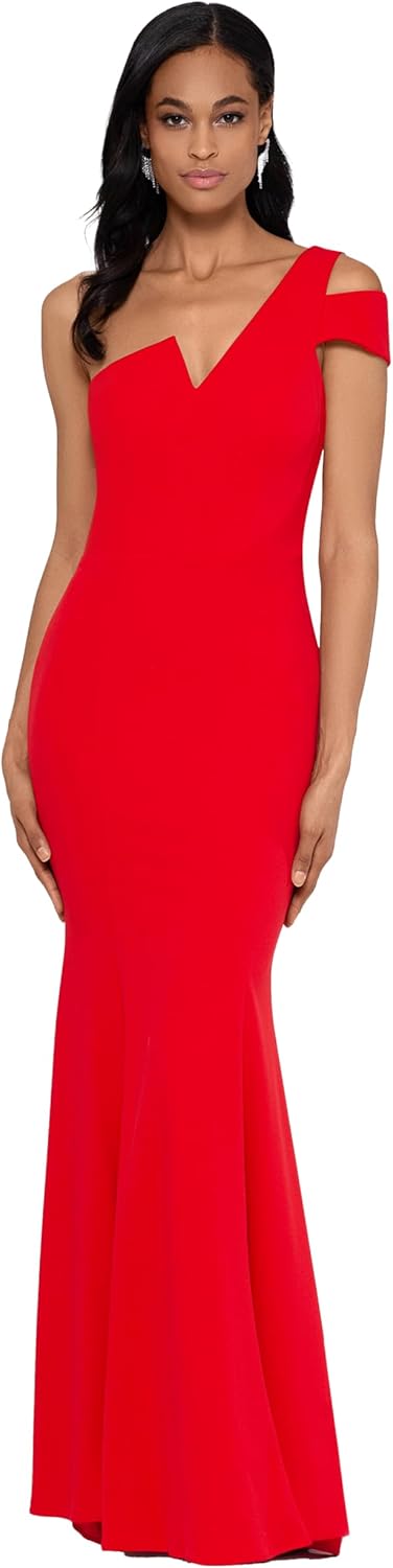 Betsy & Adam Women’s Long One Shoulder Sleeveless Stretch Scuba Crepe Sheath Gown