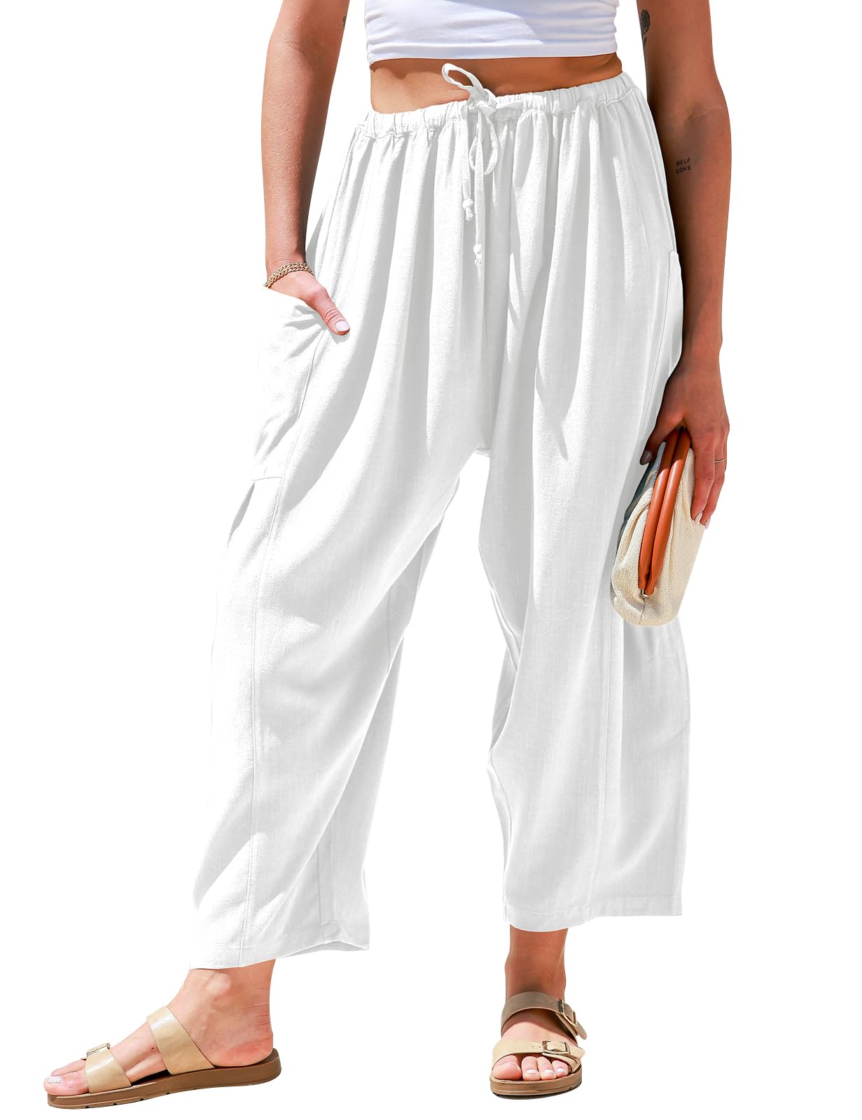 TARSE Womens Linen Wide Leg Pants Casual Loose Drawstring Summer Beach Travel Vacation Palazzo Harem Pants with Pockets