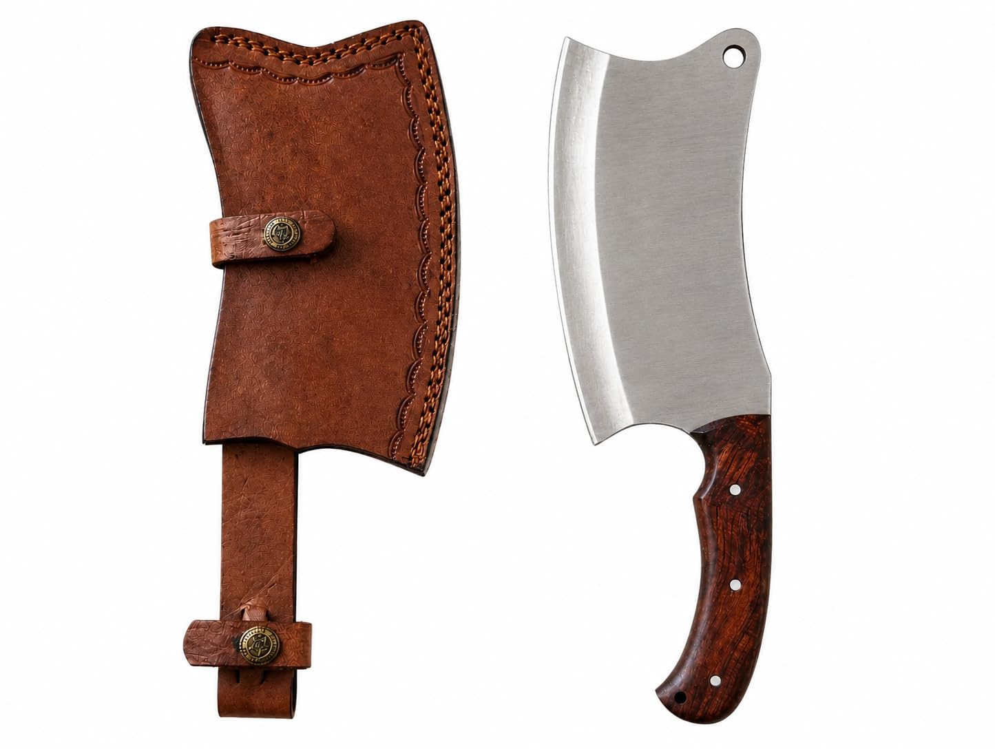 TATLA Küchenbeil aus Edelstahl, Handgefertigt, Rosenholzgriff, 29 cm, mit Lederscheide, für Fleisch, Gemüse & Kräuter, Metzger Koch Messer Hackbeil Messer