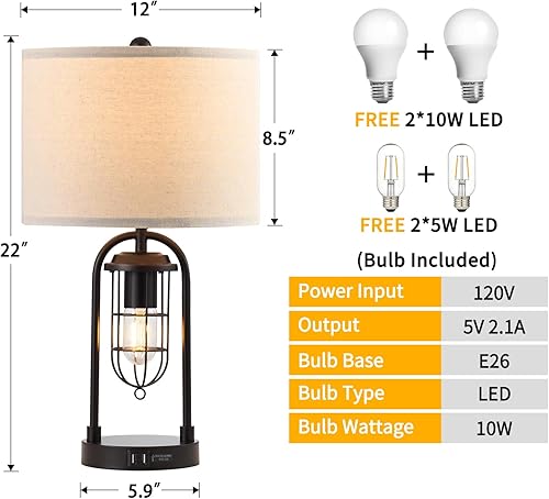 Miniatura 7 de Juego de 2 lámparas de mesa de noche de 22 pulgadas con luz nocturna, juego de lámparas de mesa USB para sala de estar (cuatro bombillas incluidas)