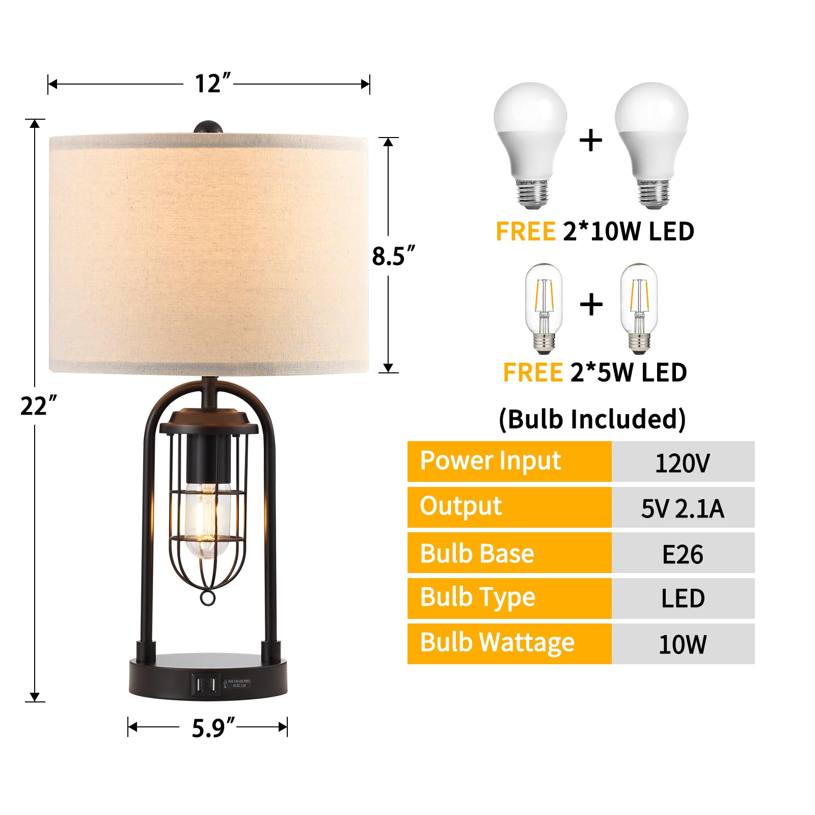 Kyrid 22'' Bedroom Nightstand Lamps Set of 2 with Night Light, USB Table Lamp Set for Living Room(Four Bulbs Included)