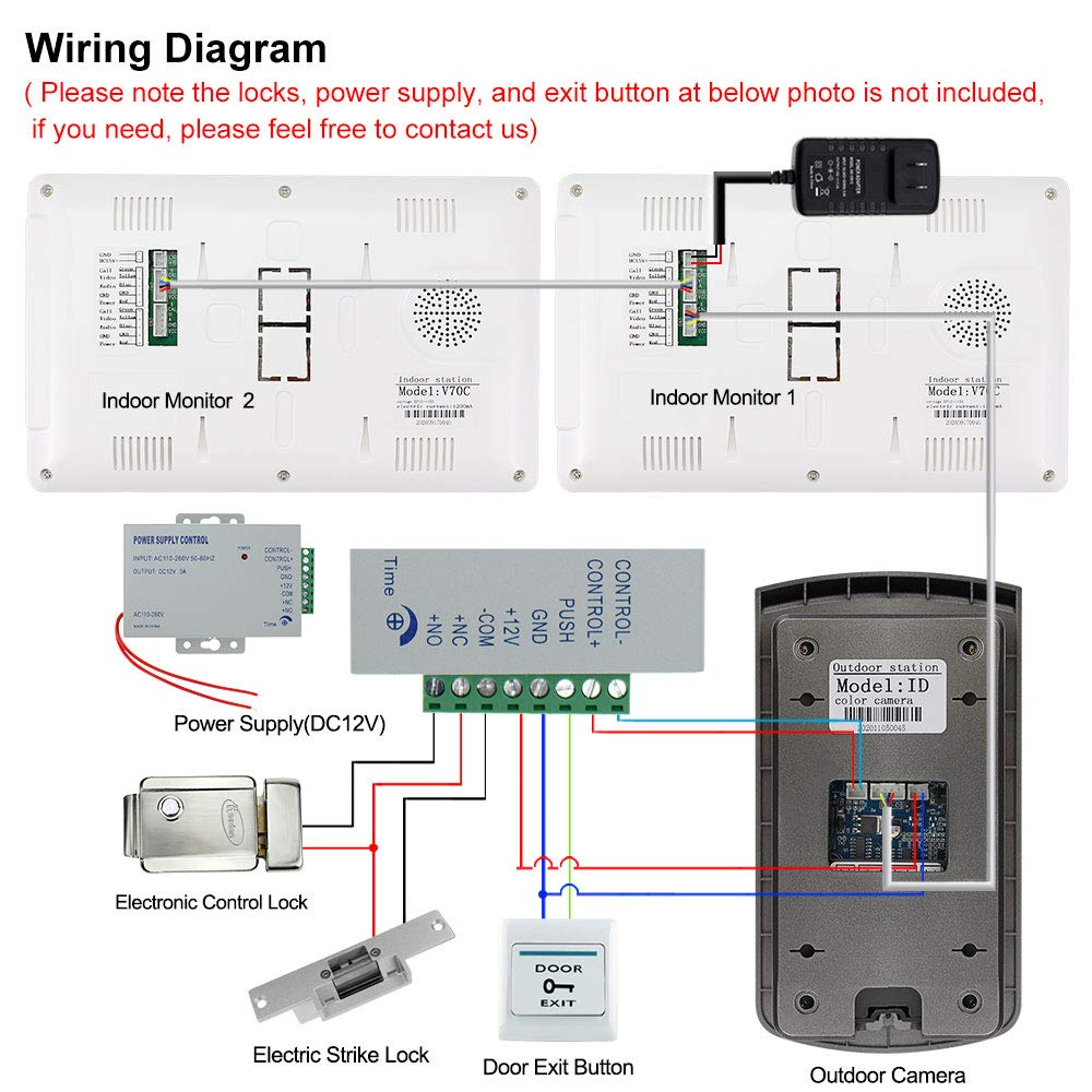 Sistema de Control de Acceso Kit de Videoportero de 7", Cámara de 700 TVL con Visión Nocturna, Sistema de 4 Cables para 2 Familias, con 10 llaveros RFID