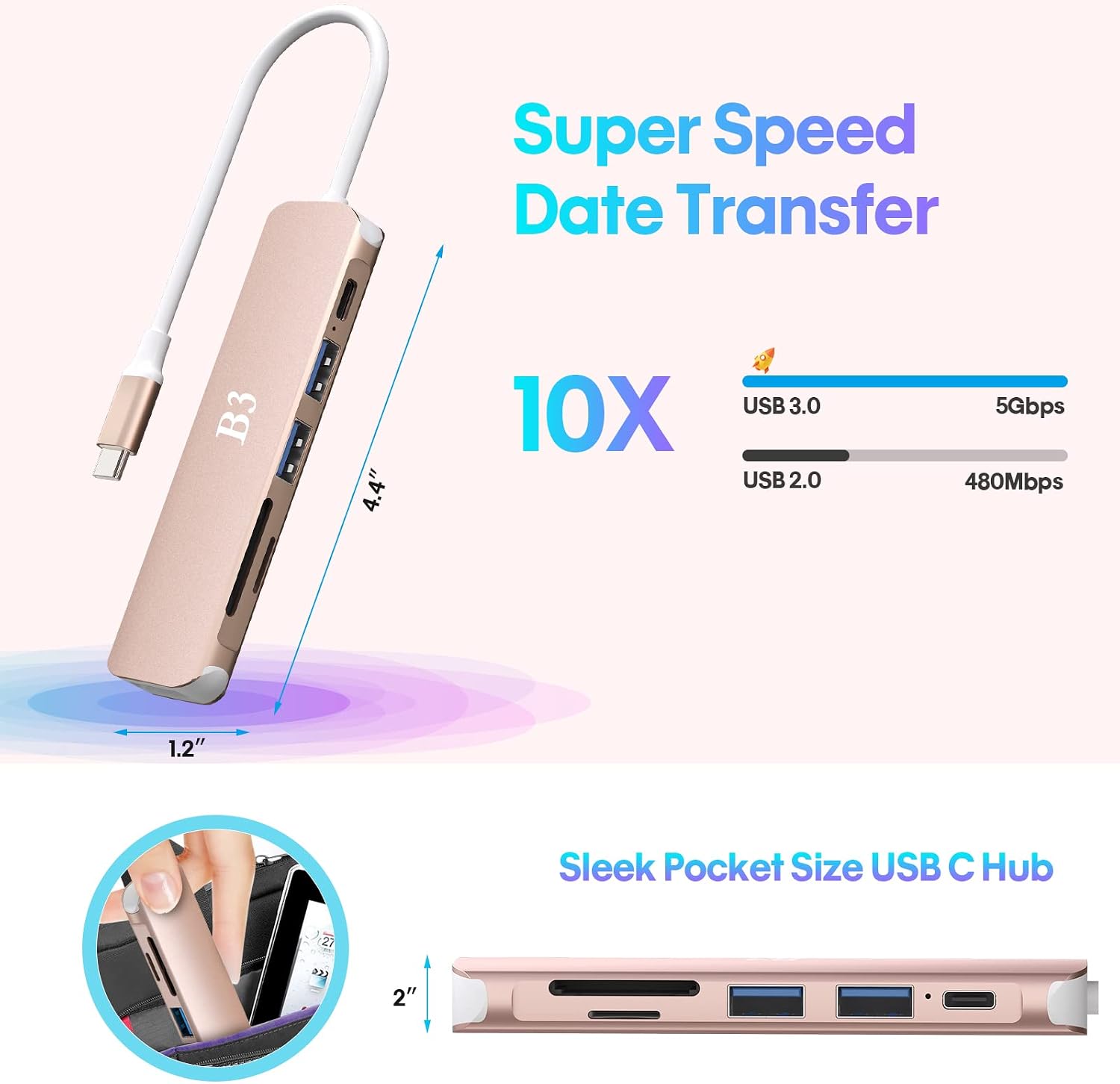 USB C Hub, USB-C Dongle Adapter with 4K HDMI for MacBook Pro/Air, 6 in 1 USBC Adaptador Converter Digital AV Multiport Docking Station, with USB3.0/USB2.0/SD/microSD Card Reader Ports - Rose Gold