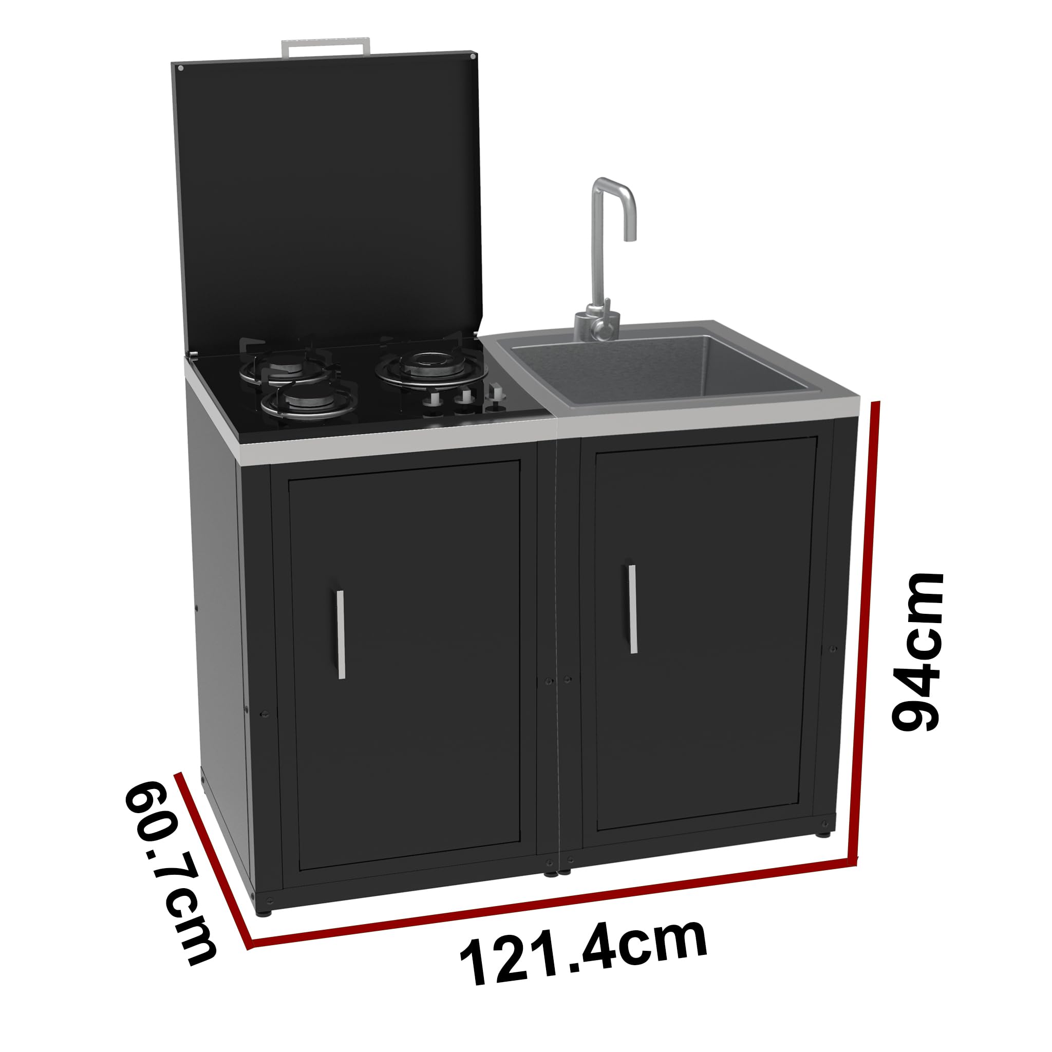 Set Cucina da Esterno a Gas 2 Elementi con Lavello Rubinetto e tagliere incassato - Struttura in Acciaio e Piano in Acciaio Inox - Nero