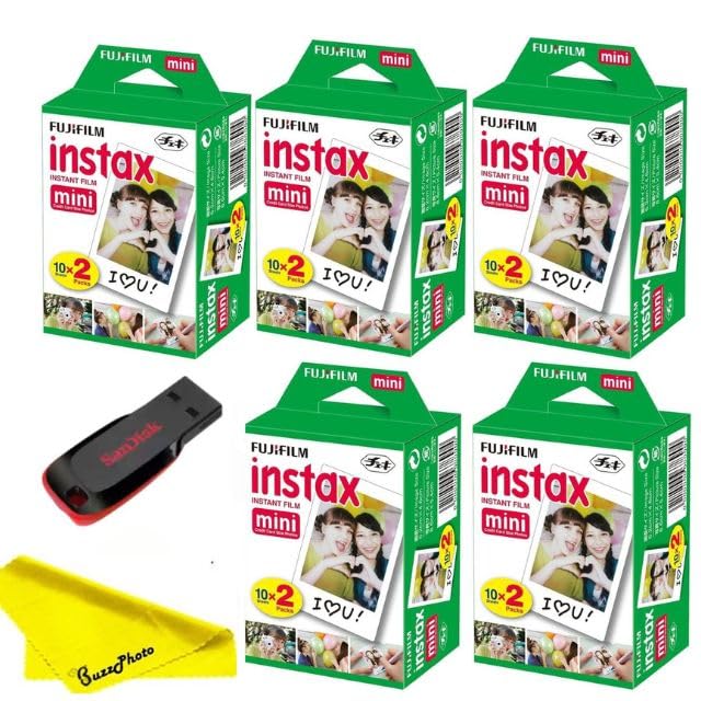 Fujifilm Instax Mini Instant Camera Film with Sandisk 32 GB USB Flash Drive + 5 x Mini Twin Packs (100 Sheets) and Buzz-Photo Microfiber Cleaning Cloth