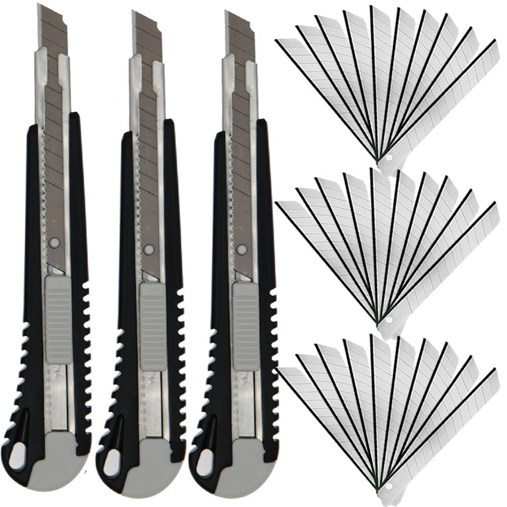 9mm Snap Off Utility Knife 3 Pack High Hardness Retractable Box Cutters with 30 Pcs Snap Off Blades,Package Cutter 9mm Knife for Home Office Workstation,Black