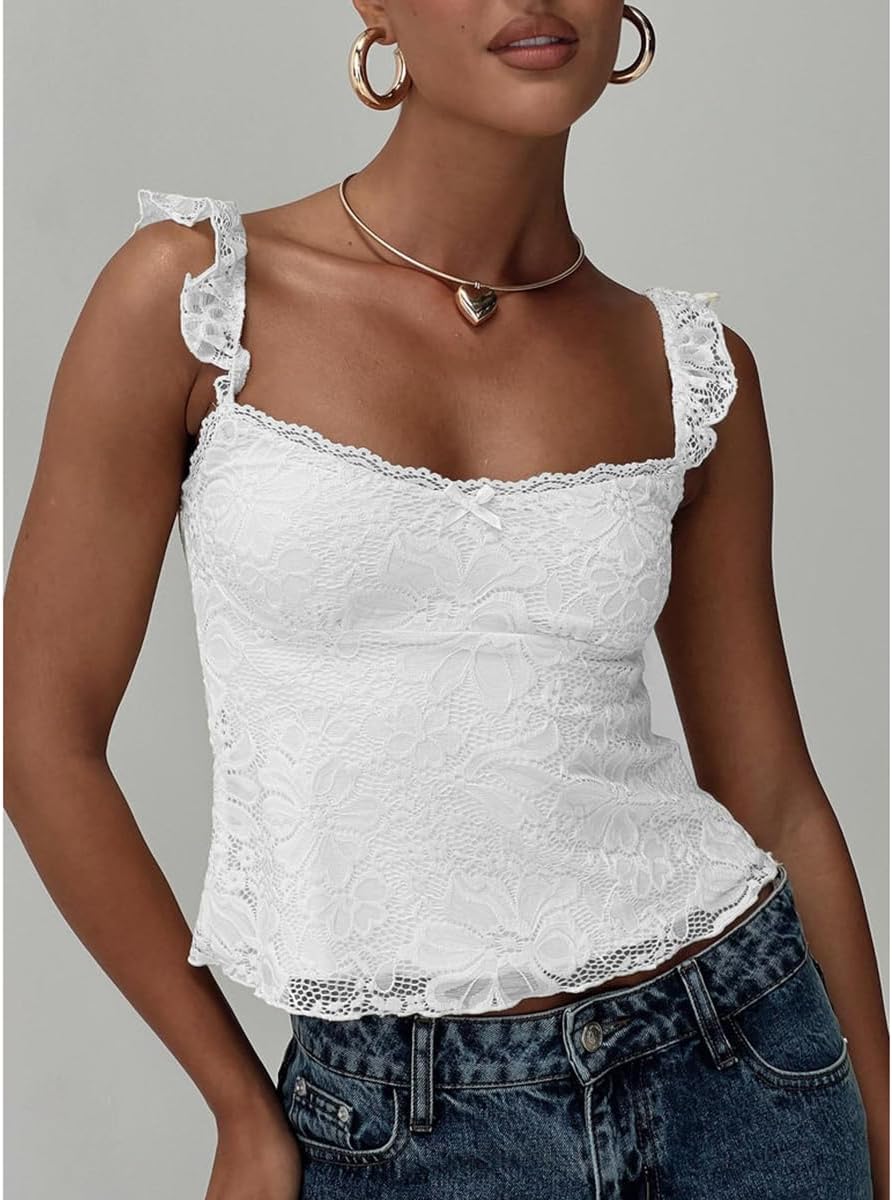Women Y2k Lace Trim Tank Tops Teen Girl Fairycore Sleeveless Solid Going Out Streetwear Summer Crop Camisole - Image 2