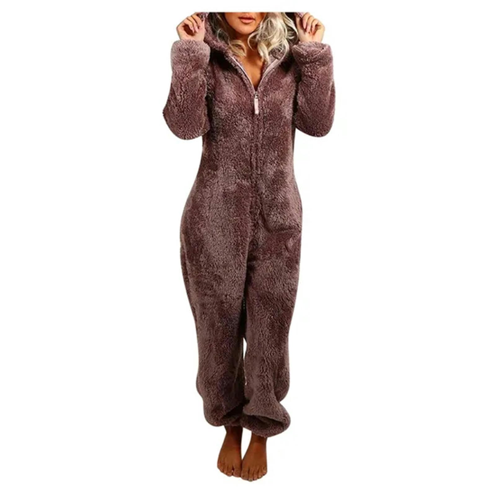 MdybF Onesies dla kobiet zimowa ciepła piżama damskie śpioszki z kapturem puszyste polarowe kombinezony bielizna nocna