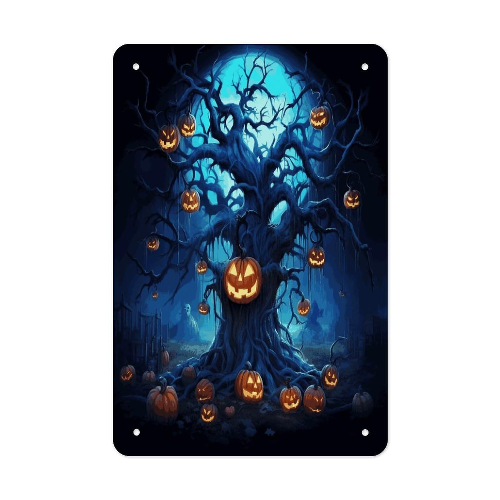 Btcowzrv Style Halloween Pumpkin Tree Blue Metal Tin Sign Wall Decor Hanging Plaque